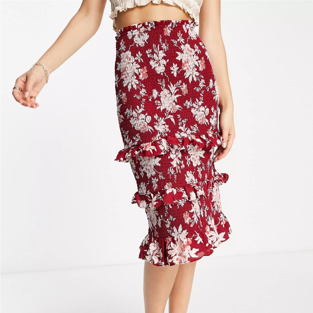 Abercrombie & Fitch Smocked Ruffle Floral Midi Skirt